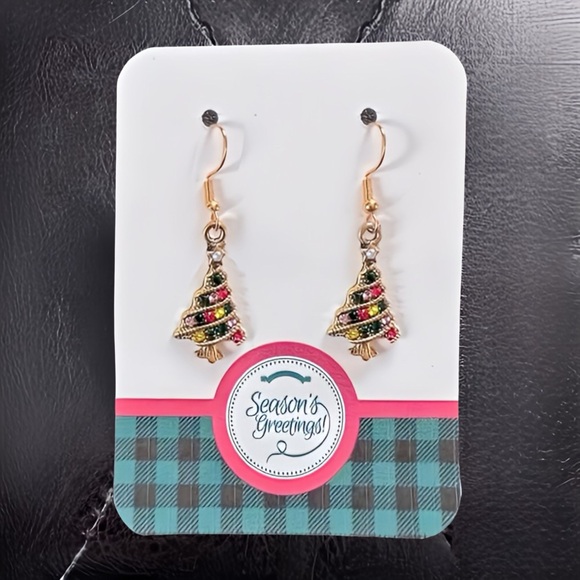 New Gold-Tone Swirling Christmas Tree Dangle Earrings w/ Colorful Sparkly Gems - Picture 3 of 6